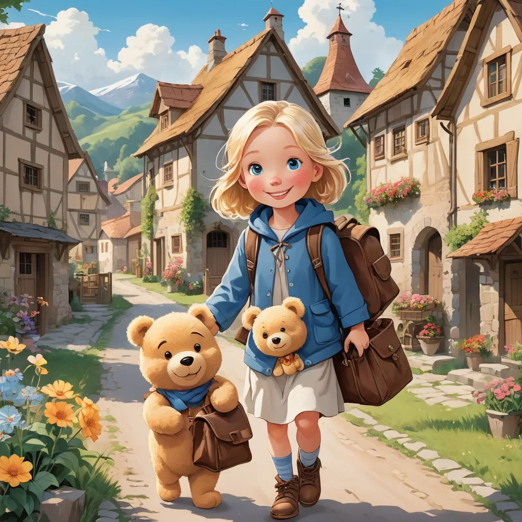 a painting of a girl with two teddy bears in a village street with houses and flowers in the background, fantasy art, a storybook illustration, Bob Byerley, kinkade