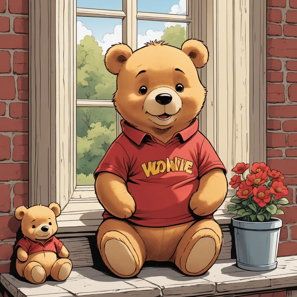 a teddy bear sitting on a window sill next to a flower pot and a teddy bear in front of a window, lowbrow, a storybook illustration, Chip Zdarsky, kinkade