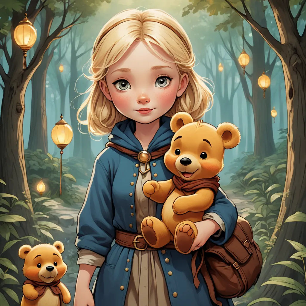 a girl holding a teddy bear in a forest with lanterns on the trees and lanterns hanging from the trees, fantasy art, a storybook illustration, Charlie Bowater, trending on art station