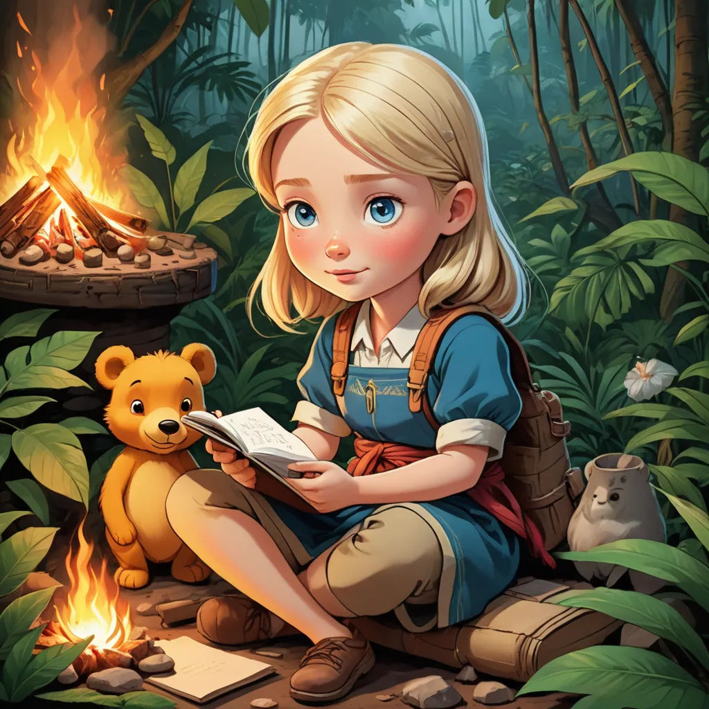 a girl sitting in the woods reading a book next to a fire pit with a teddy bear on it, fantasy art, a storybook illustration, Cliff Childs, storybook illustration