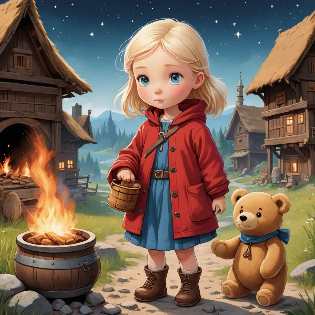 a little girl standing next to a fire pit with a teddy bear nearby on a path to a village, fantasy art, a storybook illustration, Bob Byerley, trending on art station
