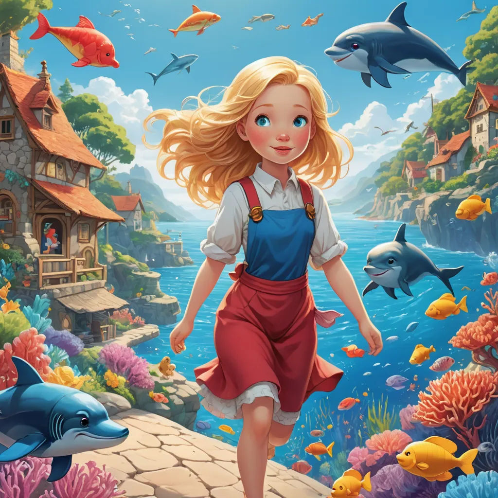 a girl in a red dress is walking through a sea of fish and corals with a house on the shore, fantasy art, a storybook illustration, Cliff Childs, rossdraws global illumination