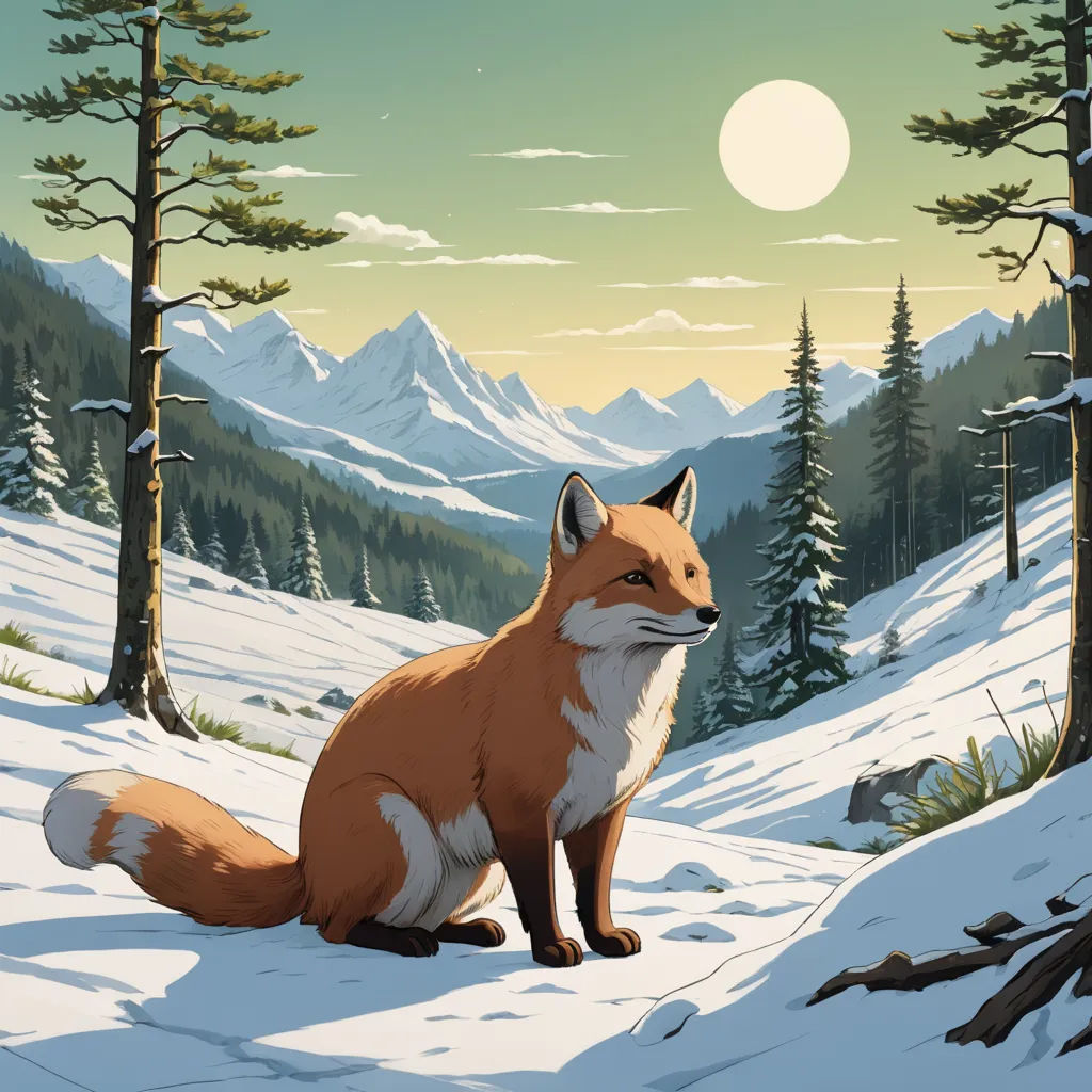 a fox sitting in the snow in front of a mountain range with trees and a full moon in the sky, furry art, a storybook illustration, Dan Mumford, josan gonzales and dan mumford