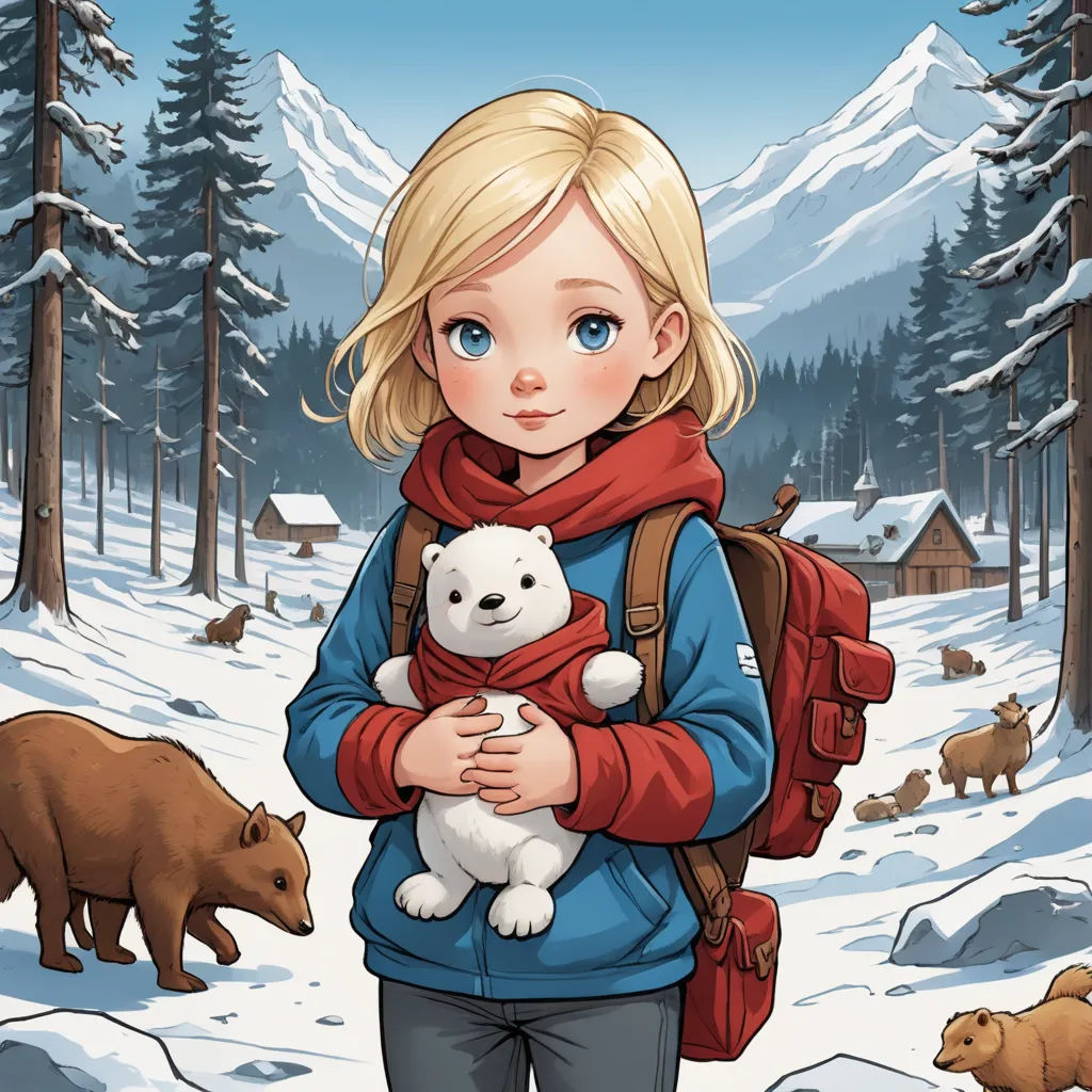 a girl holding a white bear in a snowy forest with mountains in the background and a cabin in the background, furry art, a storybook illustration, Cliff Childs, comic cover art