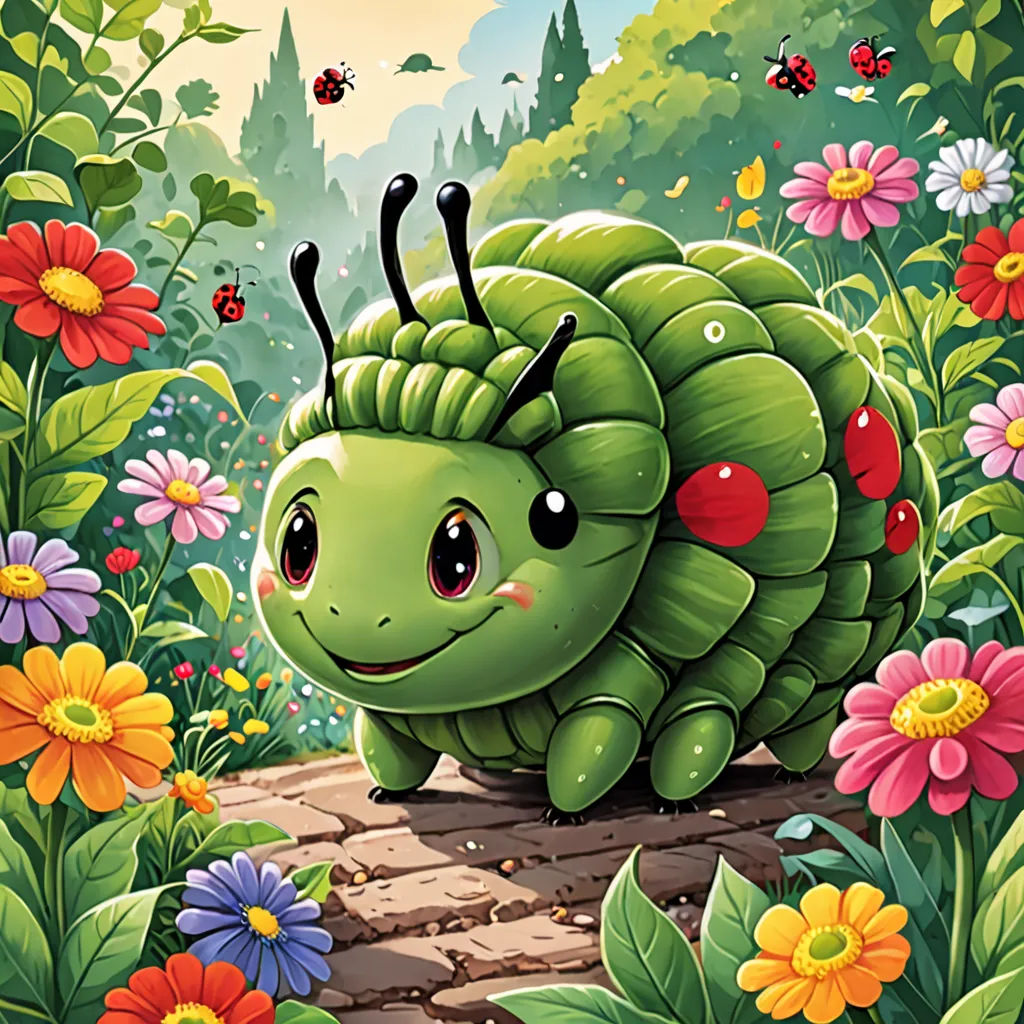 a green bug with red eyes sitting on a rock in a garden of flowers and daisies with a ladybug in the background, lyco art, a storybook illustration, Chris LaBrooy, highly detailed digital painting