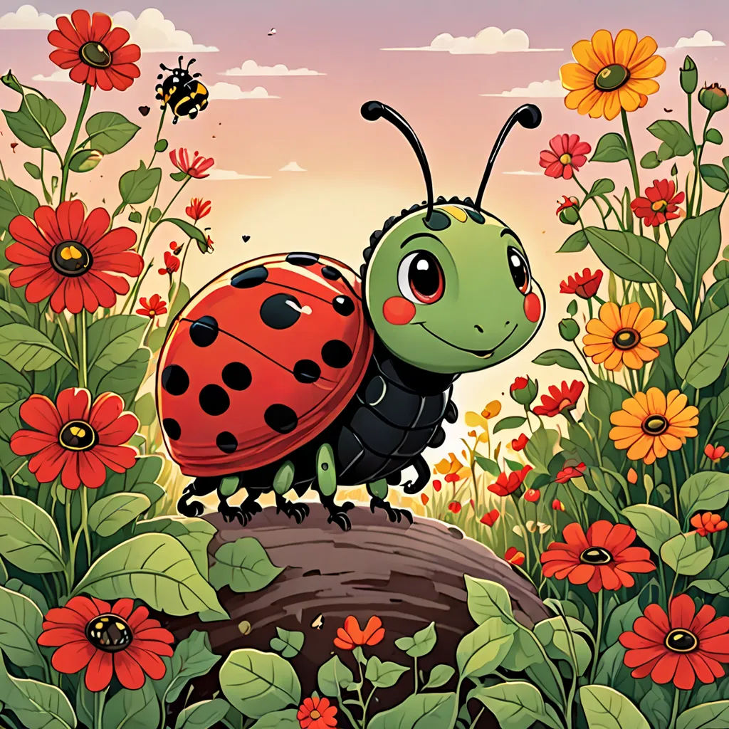 a lady bug sitting on top of a rock in a field of flowers and daisies with a lady bug on it, pop surrealism, a storybook illustration, Chris LaBrooy, detailed illustration