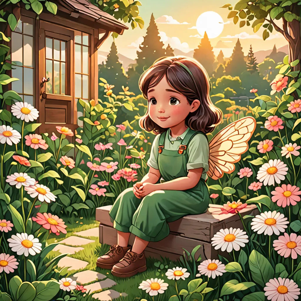 a little girl sitting on a bench in a garden with flowers and a cabin in the background with a window, fantasy art, a storybook illustration, Cliff Childs, storybook illustration