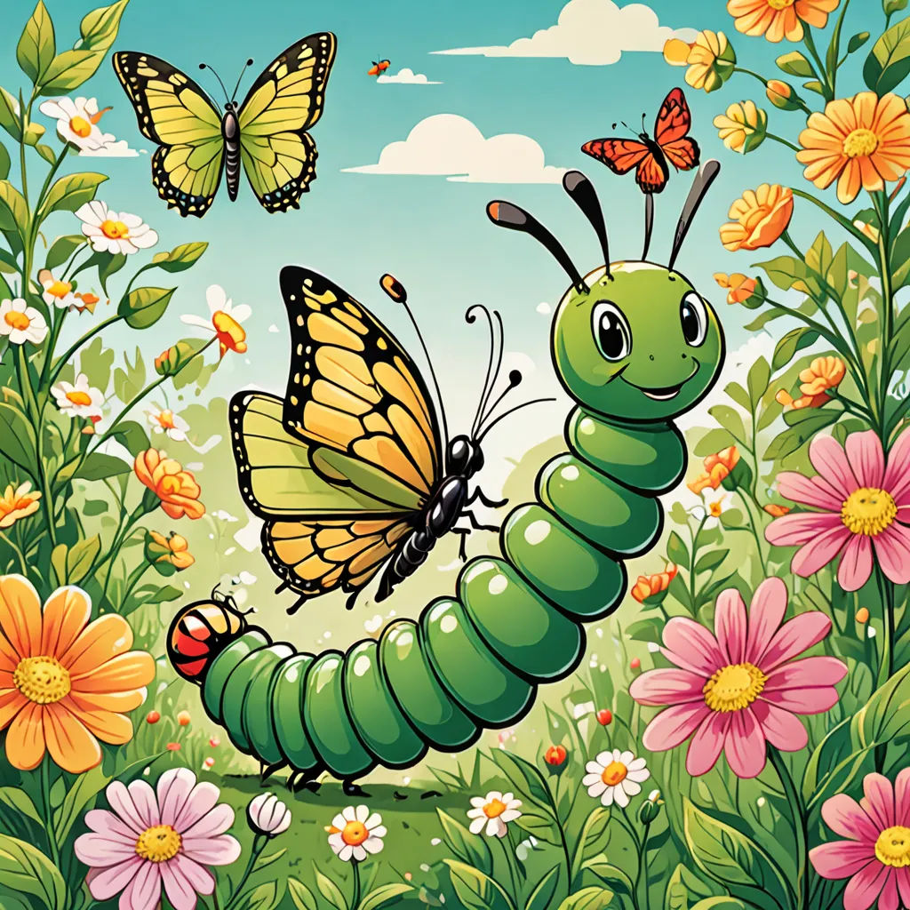 a butterfly and a caterpillar in a field of flowers and daisies with a butterfly flying over them, ecological art, a storybook illustration, Dirk Crabeth, detailed illustration