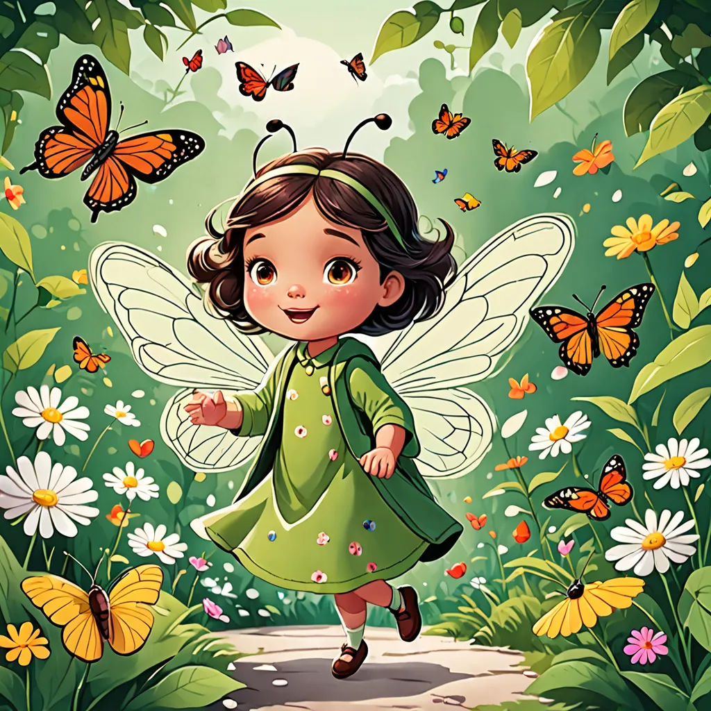 a little girl dressed in green is walking through a field of flowers and butterflies with a butterfly in her hair, magic realism, a storybook illustration, Cliff Childs, storybook illustration