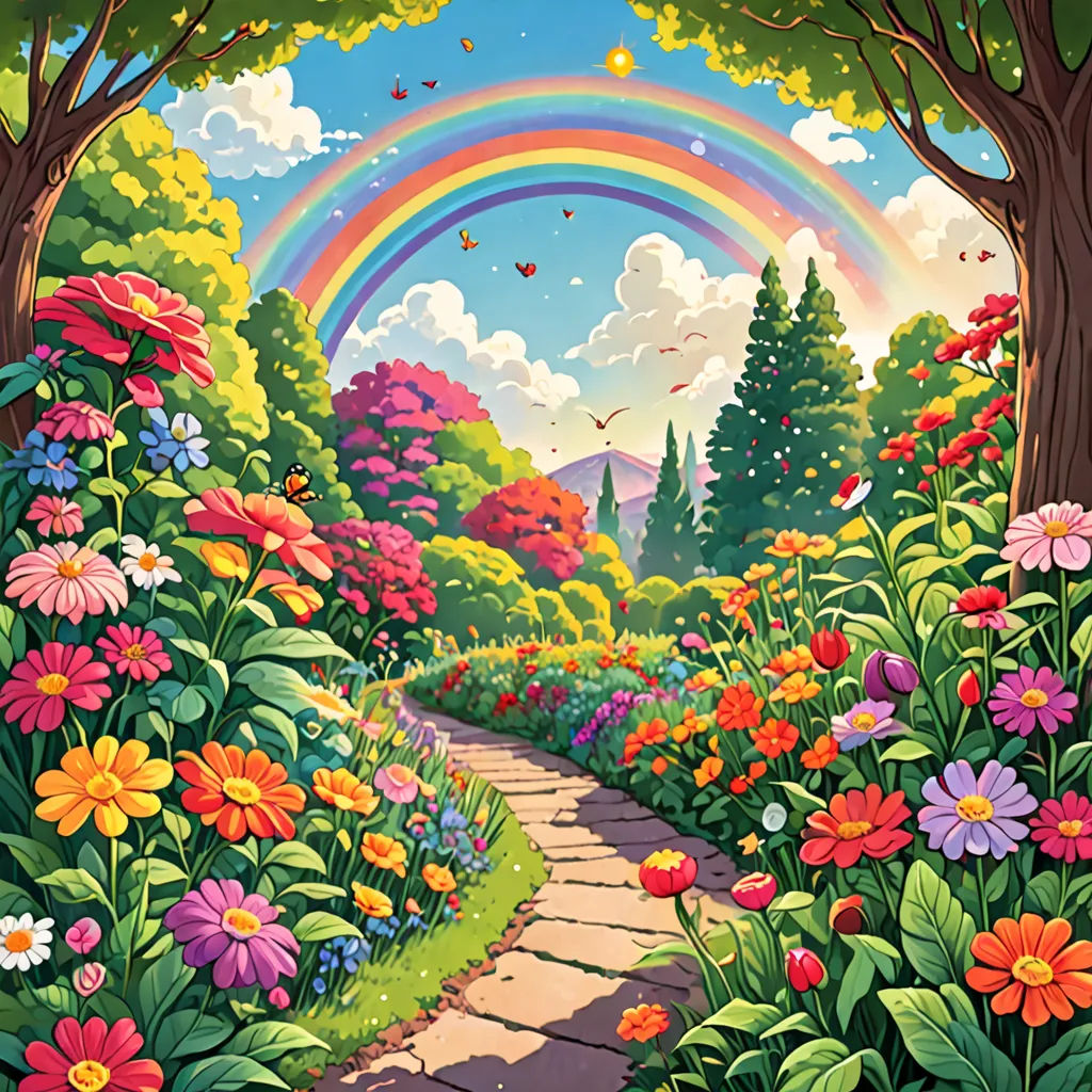 a painting of a garden with flowers and a rainbow in the background with a path leading to a rainbow, naive art, a storybook illustration, Chris LaBrooy, kinkade