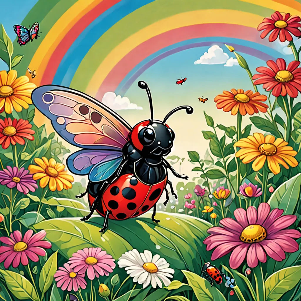a lady bug is standing in a field of flowers and daisies with a rainbow in the background and a rainbow in the sky, psychedelic art, a storybook illustration, Chris LaBrooy, highly detailed digital art