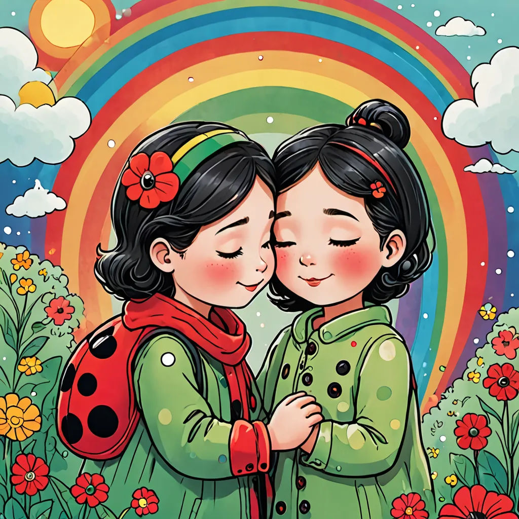 two little girls are hugging each other in a field of flowers and a rainbow in the background with a ladybug on her shoulder, naive art, a storybook illustration, Chen Lu, storybook illustration