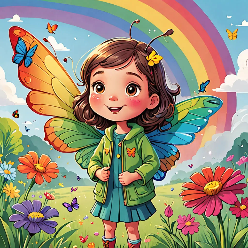 a little girl with a butterfly wings standing in a field of flowers and butterflies with a rainbow in the background, pop surrealism, a storybook illustration, Clarice Beckett, storybook illustration