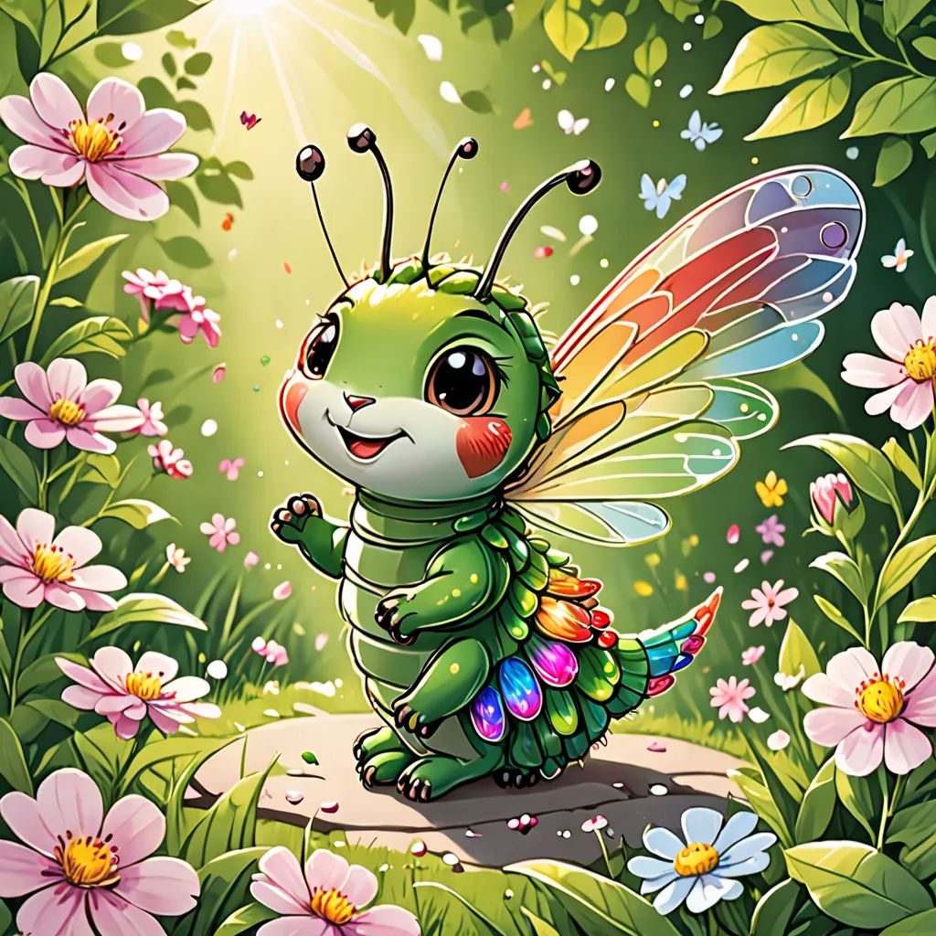 a cartoon insect with a flower on a green background with pink flowers and butterflies around it, with a green background with pink flowers and white daisies, sots art, a character portrait, Dom Qwek, cute