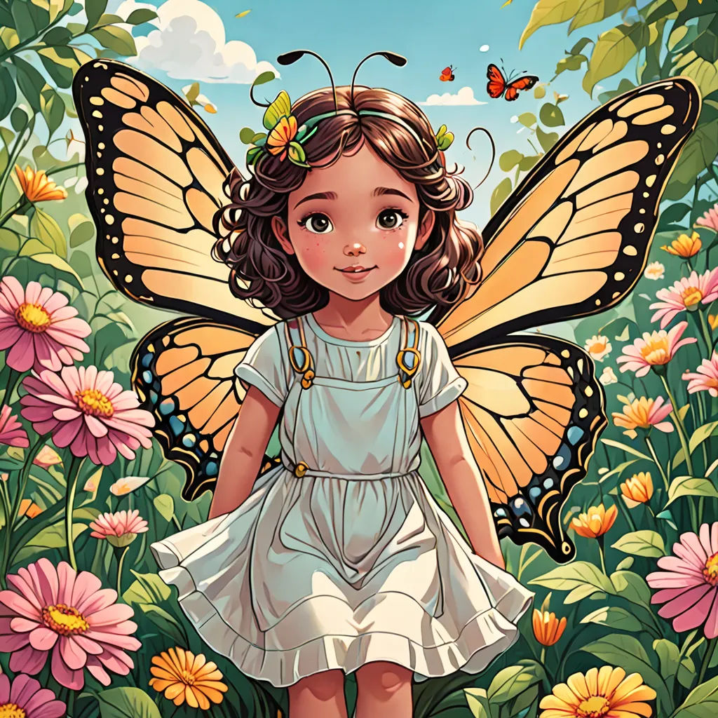a little girl dressed in a white dress with a butterfly on her wings standing in a field of flowers, fantasy art, a storybook illustration, Cliff Childs, highly detailed digital painting