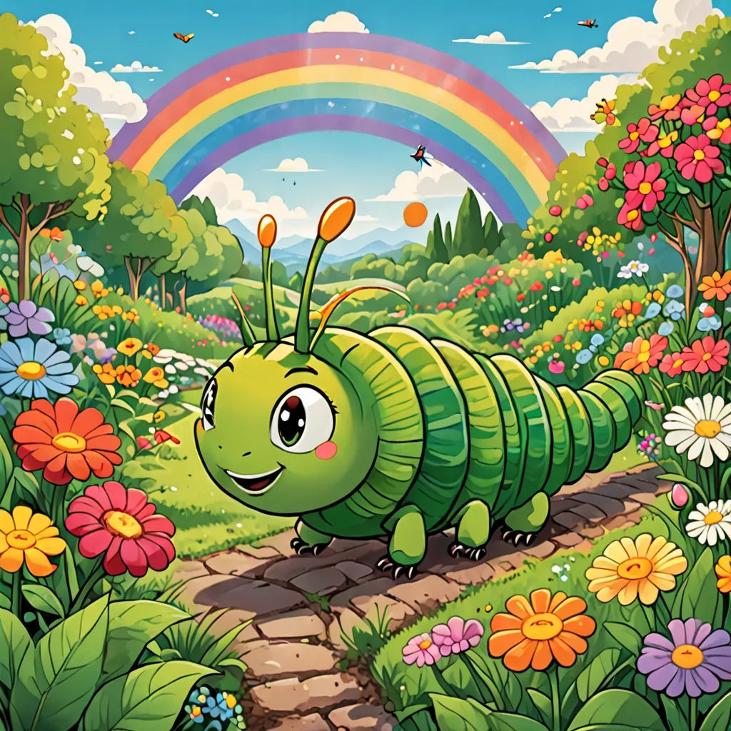 a green caterpillar walking through a garden with flowers and a rainbow in the background illustration by jeff straub, sots art, a storybook illustration, Chris LaBrooy, official art