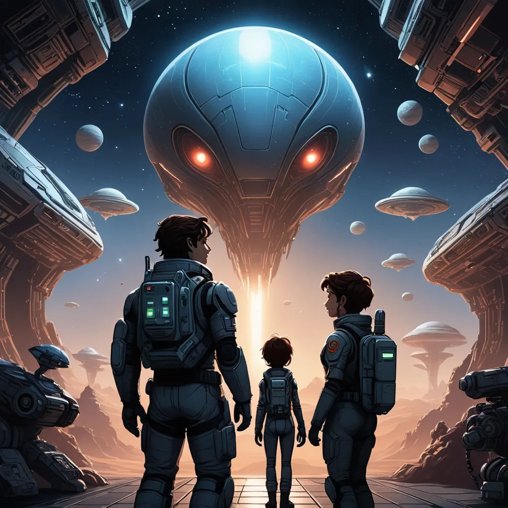 a couple of people standing in front of a giant alien head in a space station with a boy and a girl, space art, concept art, Dan Mumford, key art