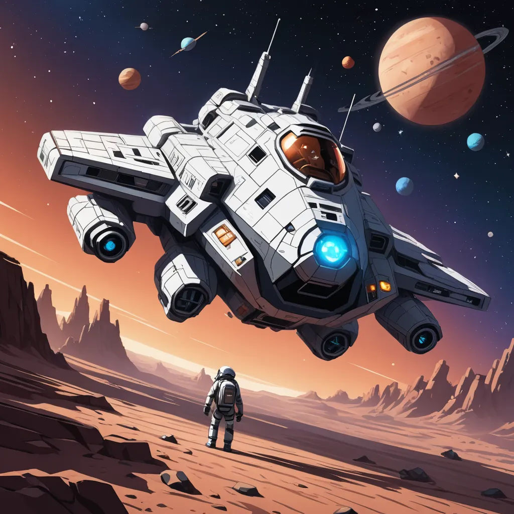 a man standing in front of a space ship in the desert with planets in the background and a man standing on the ground, space art, concept art, Dan Mumford, sci fi