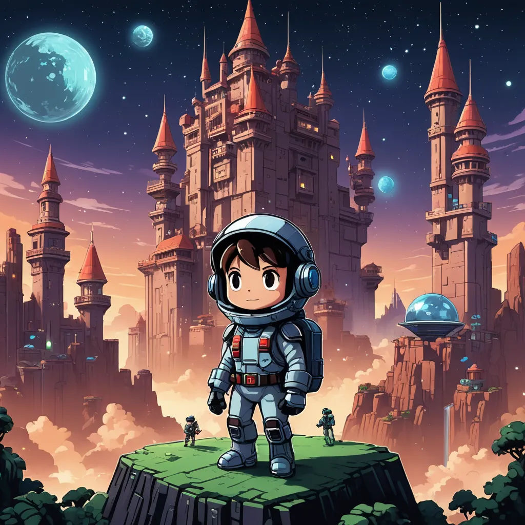 a cartoon character standing on a rock in front of a castle with a sky background and a moon in the sky, pixel art, pixel art, Cliff Childs, 2 d game art