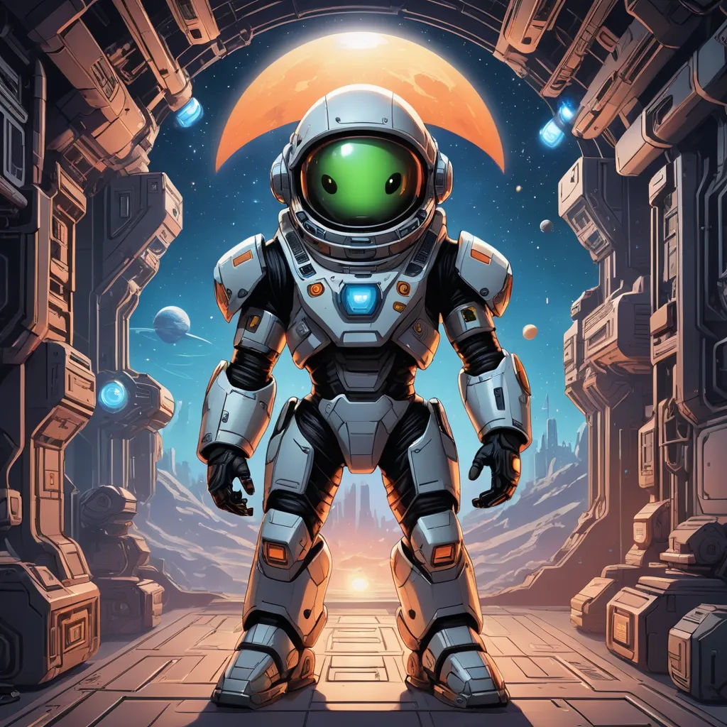 a robot standing in a space station with a moon in the background and a planet in the background with a red light, space art, concept art, Cedric Seaut (Keos Masons), rossdraws global illumination