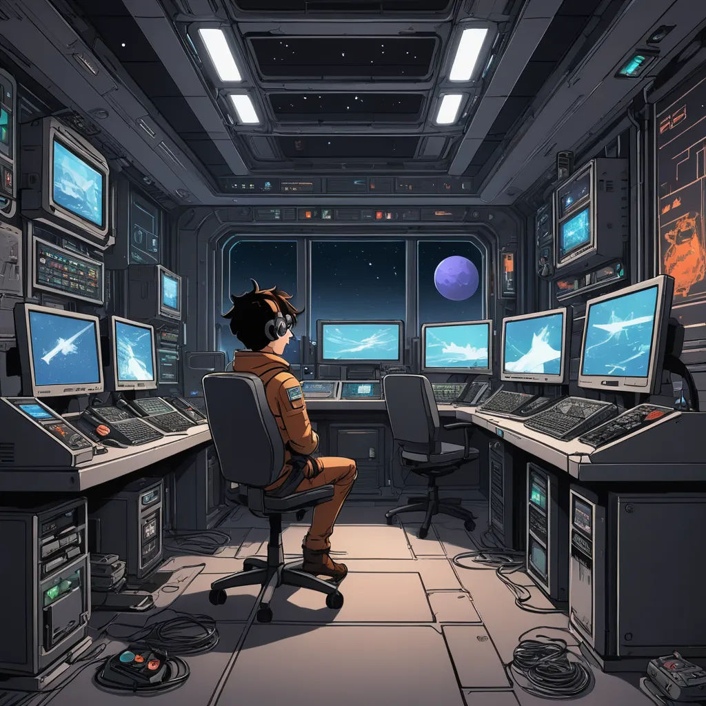a man sitting in a chair in a room with multiple monitors and a lot of other electronic equipment on the walls, space art, computer graphics, Asaf Hanuka, official art