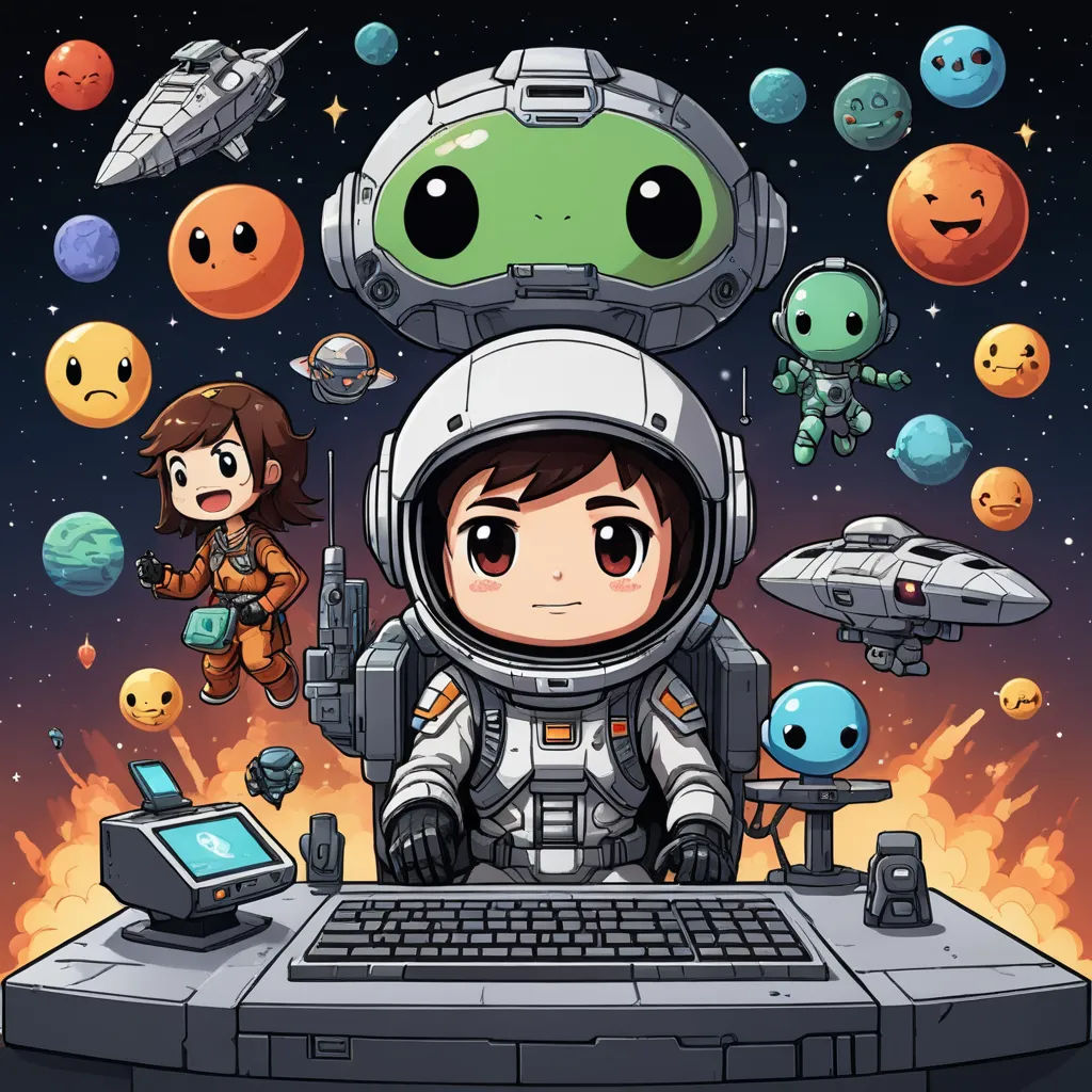 a cartoon character sitting on a computer with a bunch of other characters around him and a space station in the background, space art, pixel art, Diego Gisbert Llorens, game art