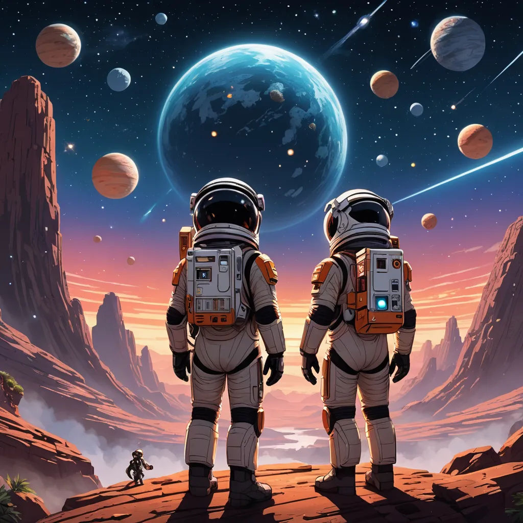 two astronauts standing in front of a planet with planets in the background and a man in a space suit, space art, a detailed matte painting, Dan Mumford, josan gonzales and dan mumford