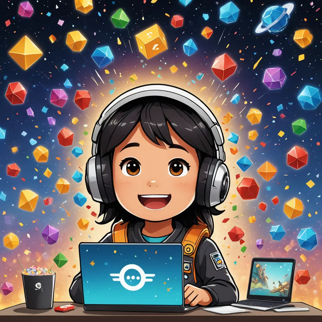 a cartoon girl with headphones on using a laptop computer and a laptop computer on a desk with a background of colorful cubes, space art, a character portrait, Eve Ryder, game art