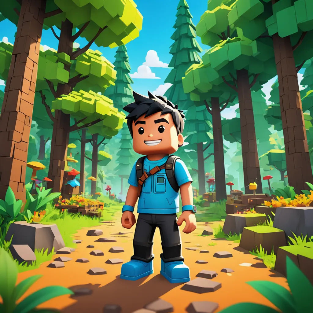 a boy in a blue shirt and black pants standing in a forest with trees and rocks on the ground, sots art, a low poly render, Cedric Seaut (Keos Masons), rossdraws global illumination