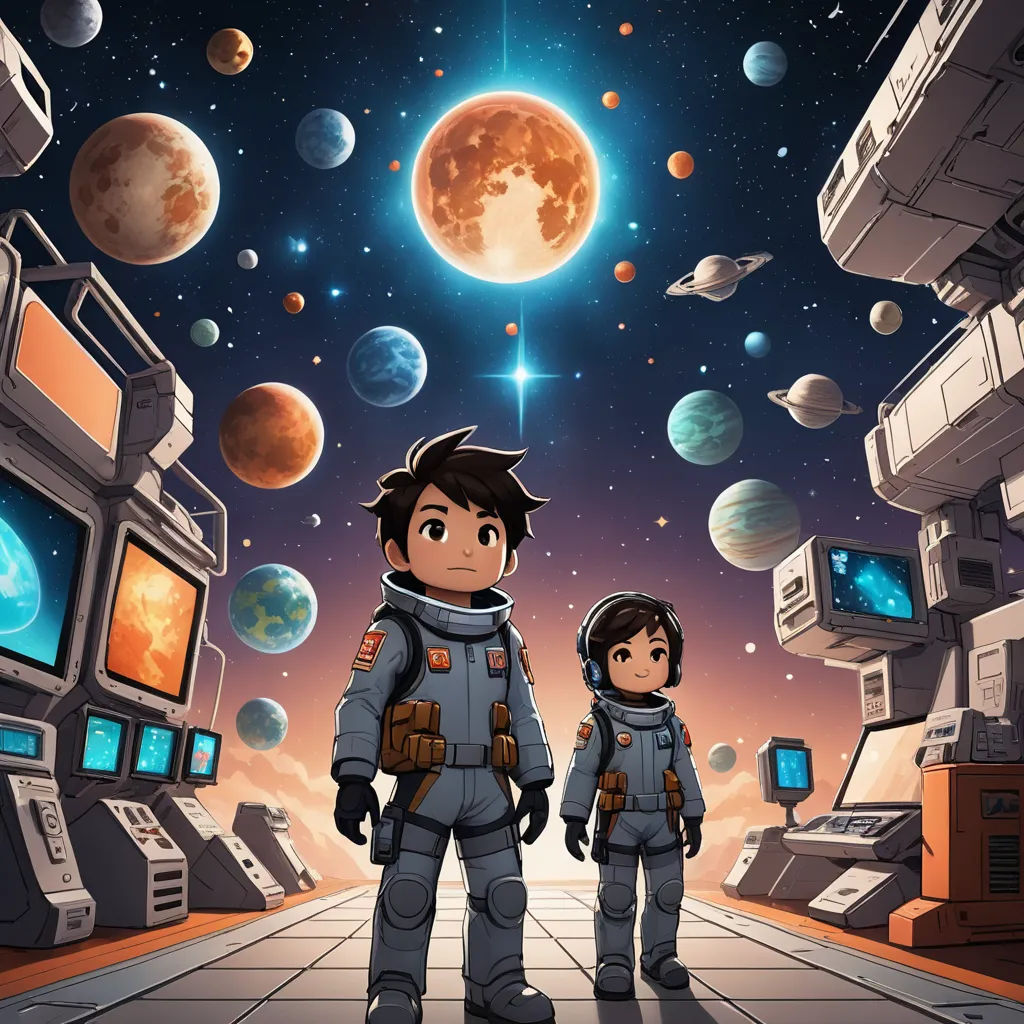 a couple of people standing in front of a space station with planets in the background and a tv screen, space art, poster art, Asaf Hanuka, promotional image