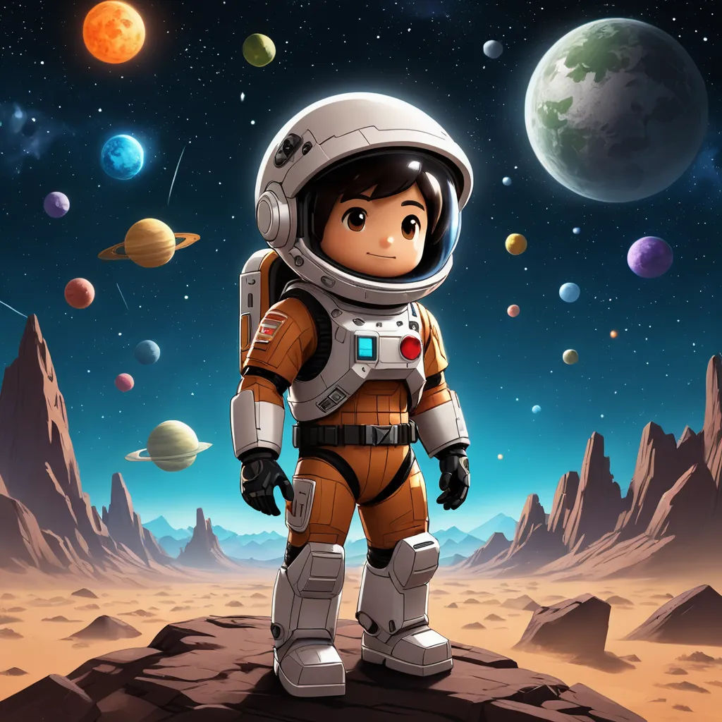 a cartoon character standing on a rock in front of a space scene with planets and a rocket ship in the background, space art, a storybook illustration, Diego Gisbert Llorens, promotional image