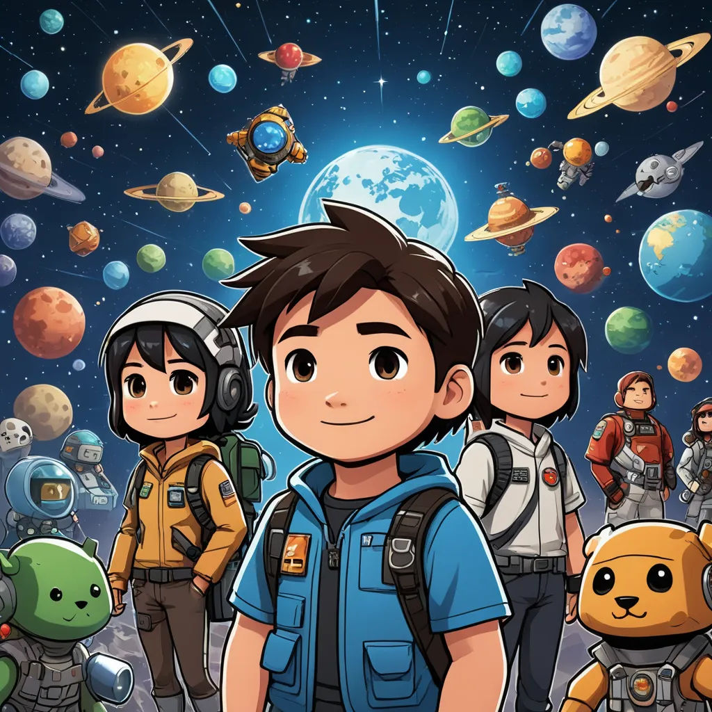 a boy in a space suit surrounded by other cartoon characters and planets in the background, with a blue sky with stars and a full moon, space art, a storybook illustration, Diego Gisbert Llorens, key art