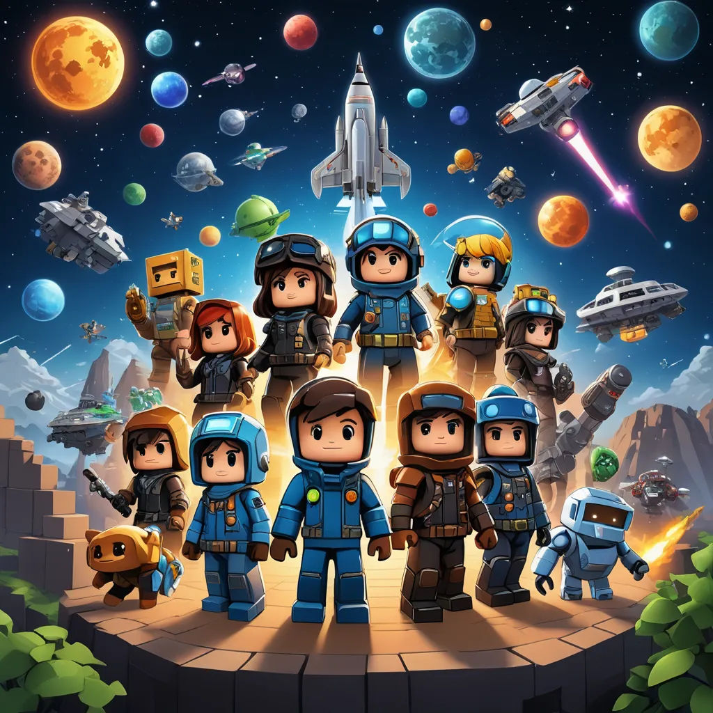 a group of legos standing in front of a space scene with planets and stars in the background,, sots art, pixel art, Felix-Kelly, key art