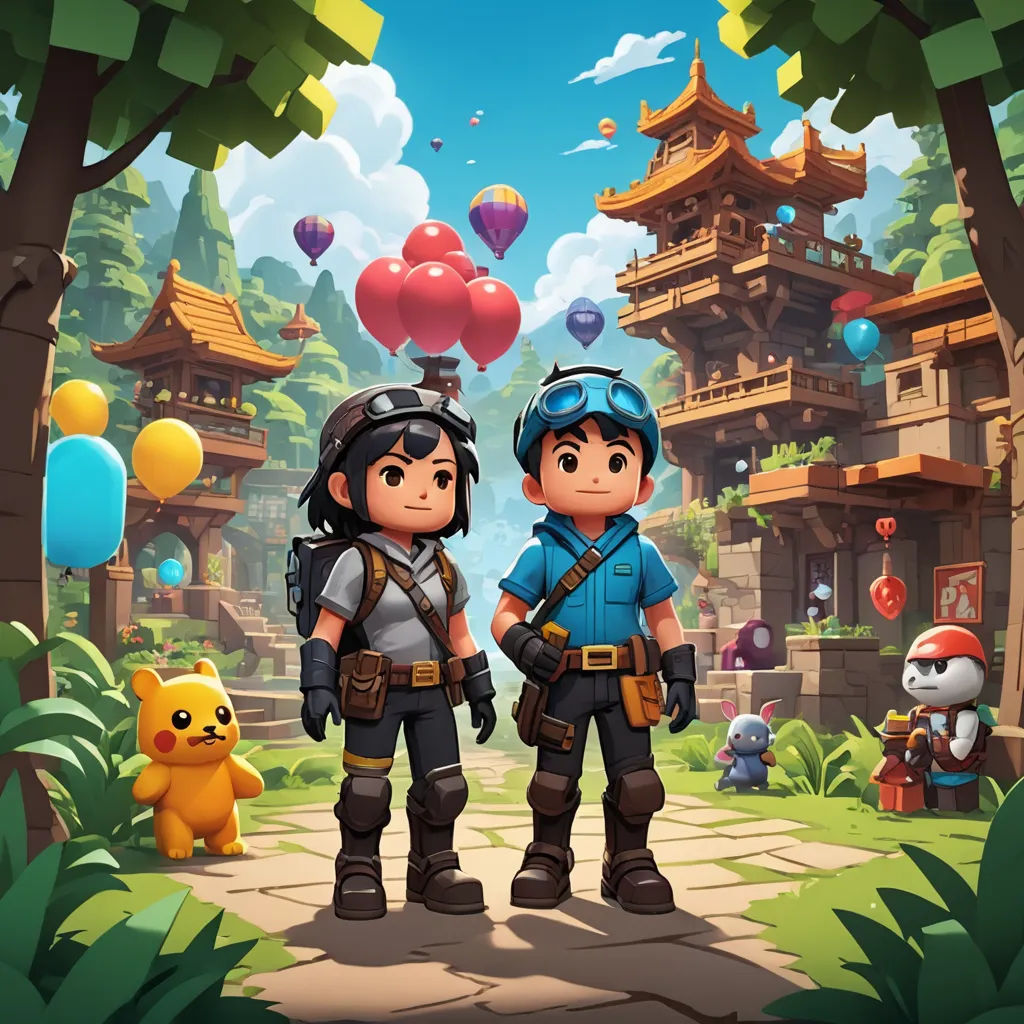 a couple of people standing next to each other in front of a forest with balloons and buildings in the background, sots art, pixel art, Chris LaBrooy, rossdraws global illumination