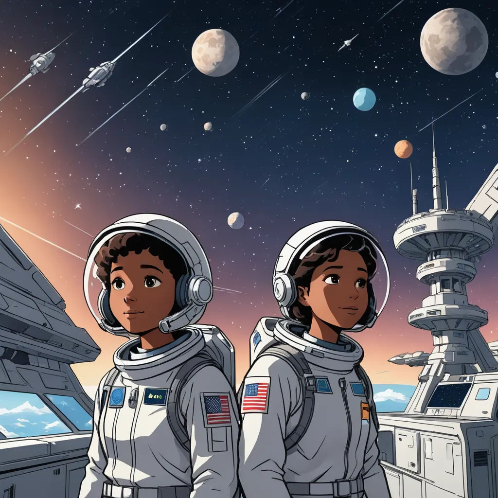 two astronauts standing in front of a space station with planets in the background and a distant sky with stars and planets, space art, a comic book panel, Felix-Kelly, official art
