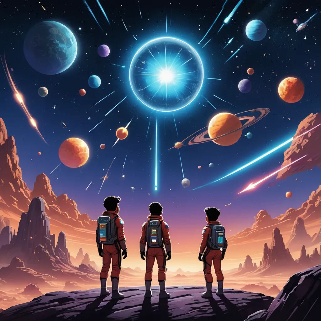two people standing on a rocky surface with planets in the background and a bright blue sky with stars and planets, space art, poster art, Dan Mumford, josan gonzales and dan mumford