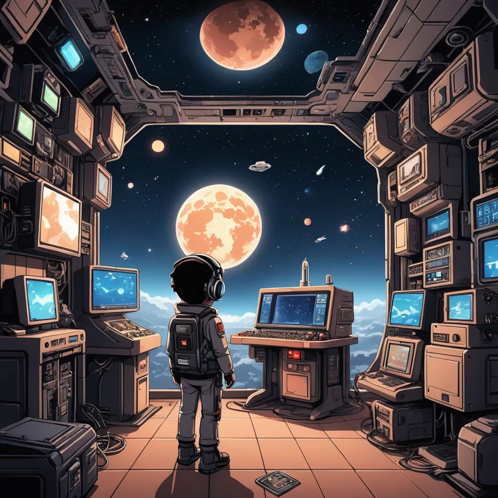 a boy in a space station looking at the moon and stars in the sky above him is a computer screen and a television, space art, computer graphics, Dan Mumford, rossdraws global illumination