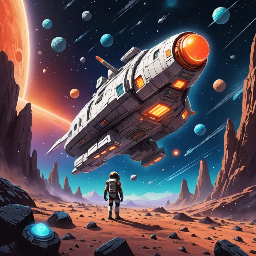 a man standing on a desert with a spaceship in the background and planets in the background, with a man standing on the ground, space art, poster art, Dan Mumford, josan gonzales and dan mumford