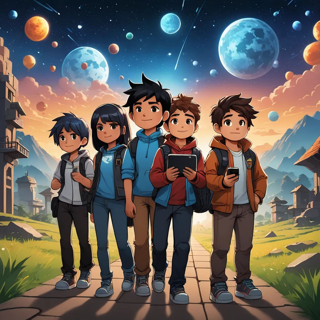 a group of young people standing next to each other in front of a sky with planets and stars above them, space art, concept art, Diego Gisbert Llorens, key art