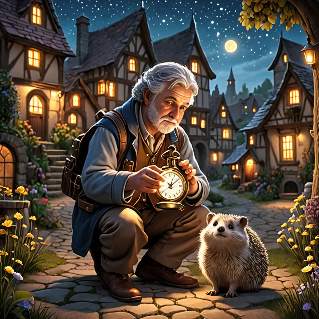 a man kneeling down next to a hedge next to a house with a clock on it's face, fantasy art, a storybook illustration, Chris LaBrooy, kinkade