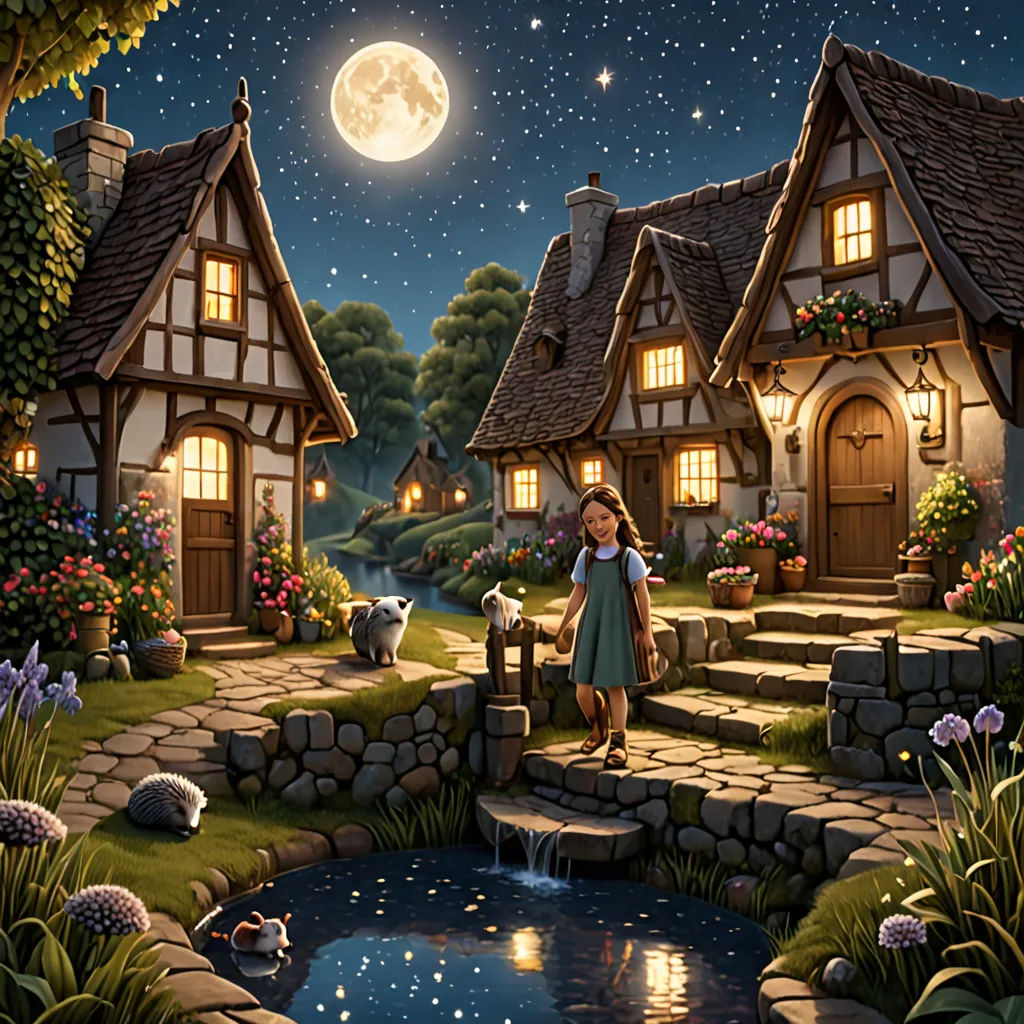 a painting of a girl standing in front of a house with a pond and a dog in front of it, fantasy art, a storybook illustration, Chris LaBrooy, storybook illustration