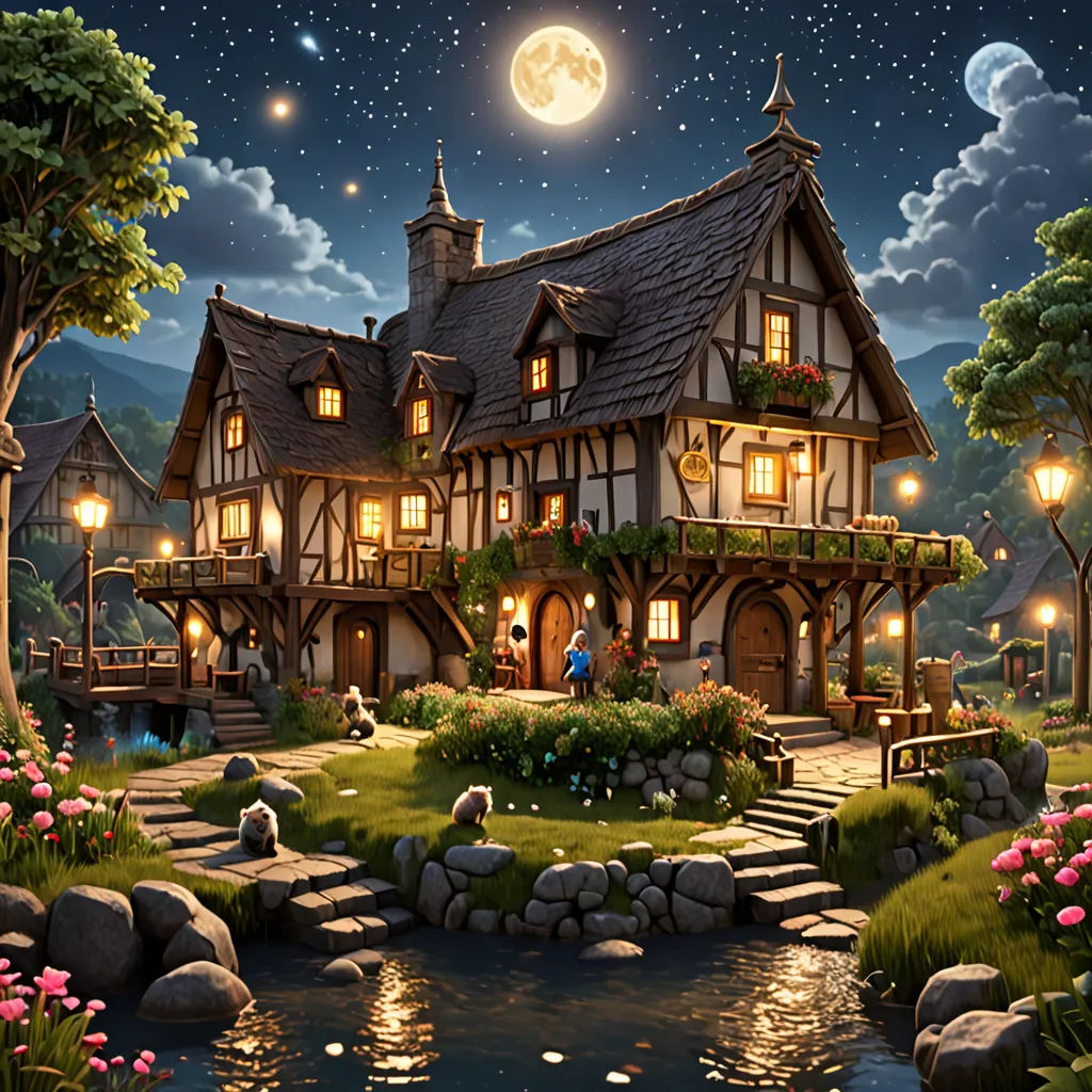 a painting of a house with a pond and a full moon in the sky above it and a person sitting on a bench, fantasy art, a detailed matte painting, Evgeny Lushpin, kinkade