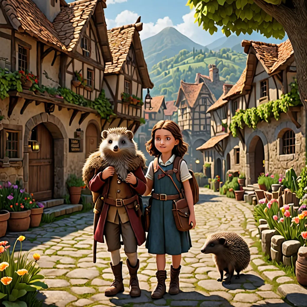 a girl and a boy are standing in a village with a bear and a hedgehog in front of them, arts and crafts movement, a storybook illustration, Chris LaBrooy, promotional image