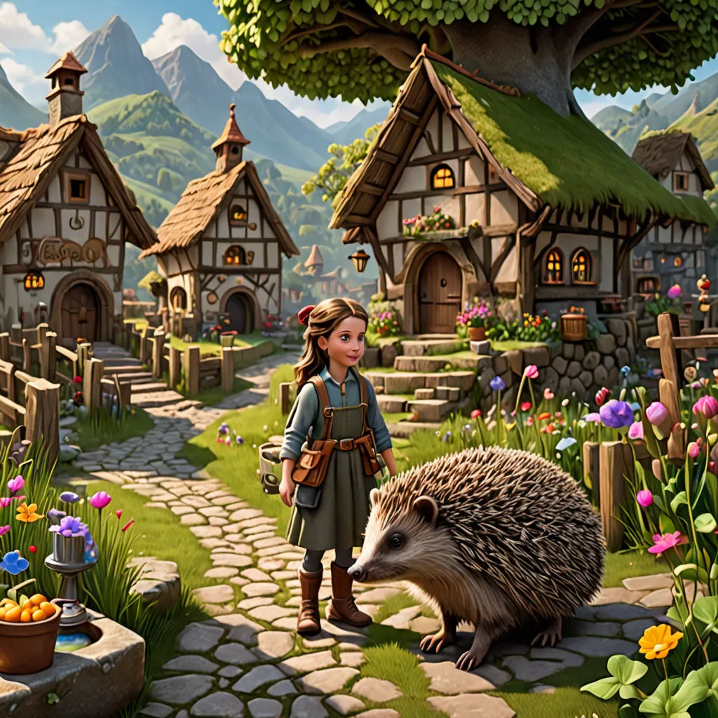 a hedgehog and a girl in a village with flowers and trees and a mountain in the background with a house, fantasy art, a storybook illustration, Chris LaBrooy, storybook illustration