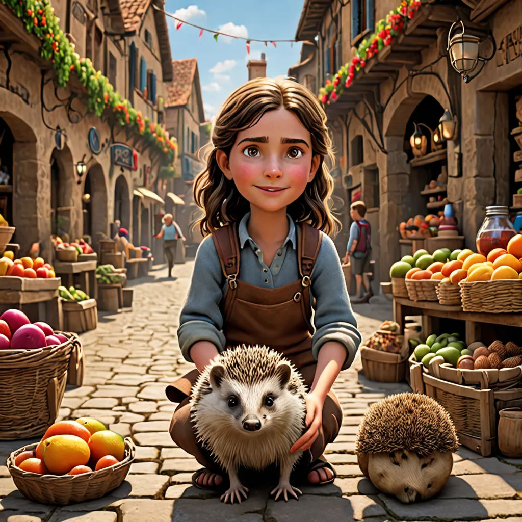 a woman kneeling down next to a hedgehog in a market place with a lot of fruit in the background, photorealism, a detailed matte painting, Chris LaBrooy, unreal engine highly rendered