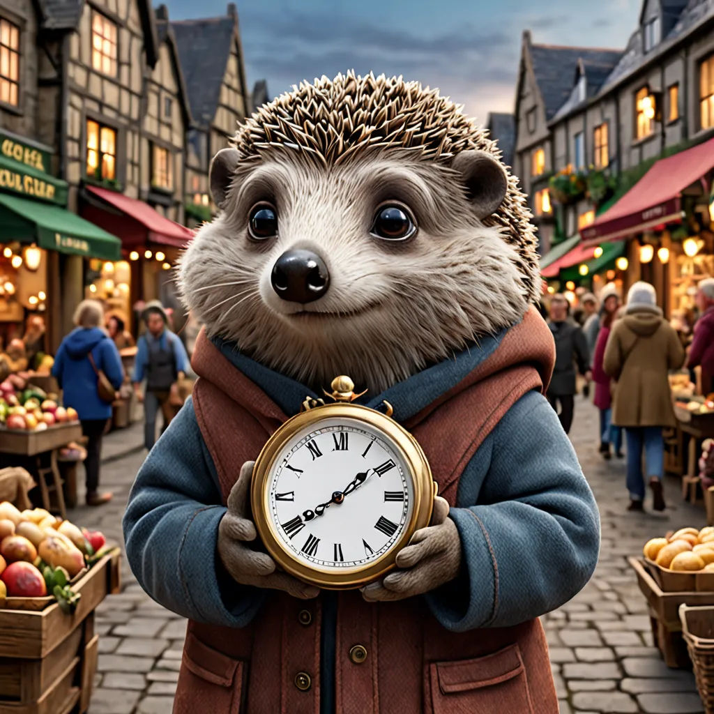 a hedgehog holding a clock in a market place with people walking around it and a market in the background, fantastic realism, a 3D render, Chris LaBrooy, promotional image
