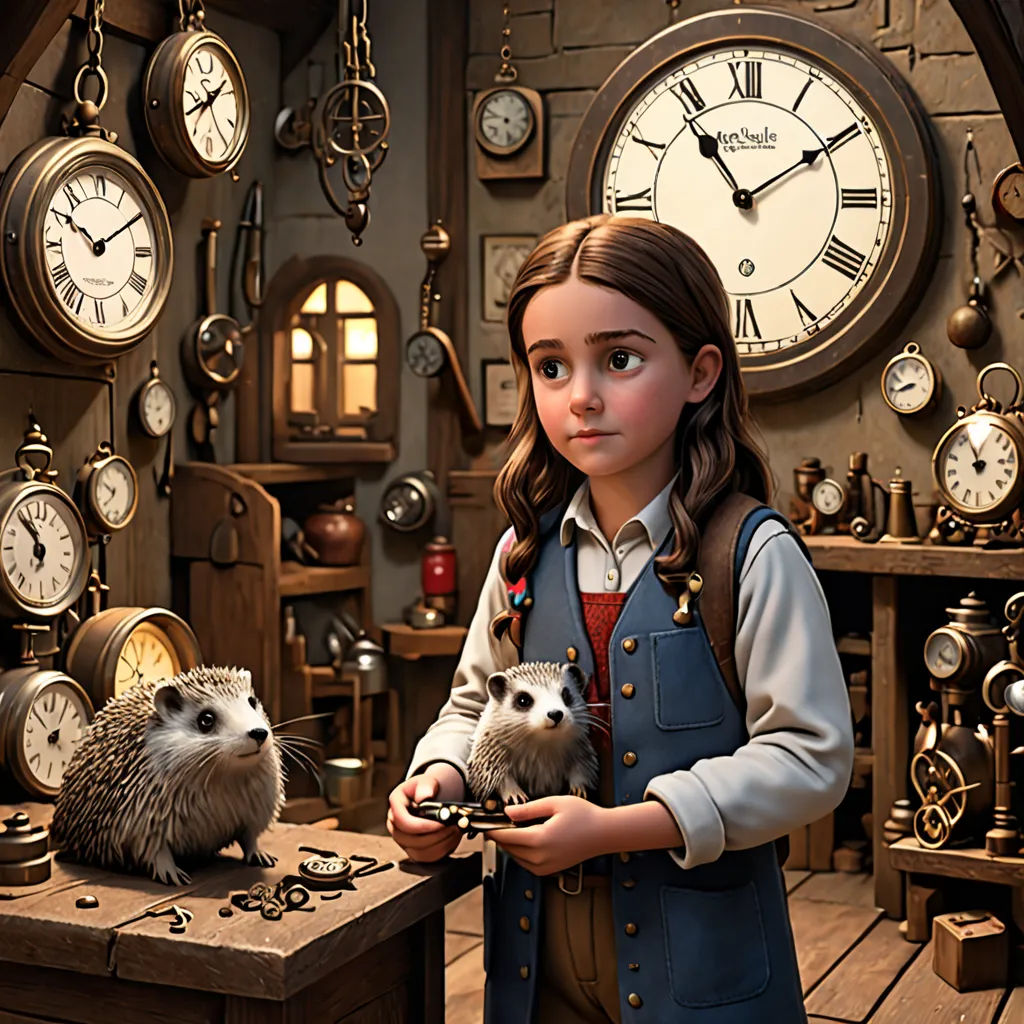 a girl holding two hedgehogs in a room with clocks on the wall and a desk with a clock on the wall, photorealism, a storybook illustration, Chris LaBrooy, promotional image