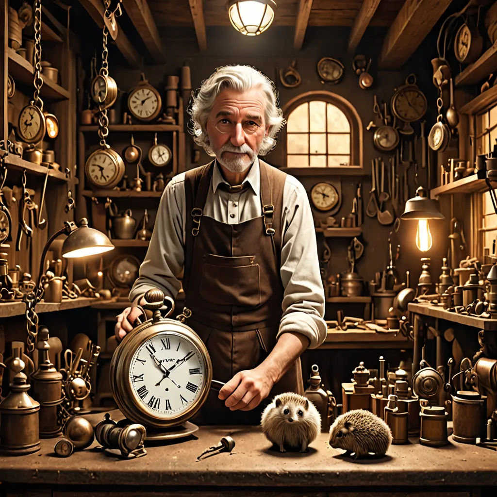 a man standing in a room with clocks and a hedgehog on a table next to him and a clock, arts and crafts movement, a storybook illustration, Alexander Jansson, promotional image