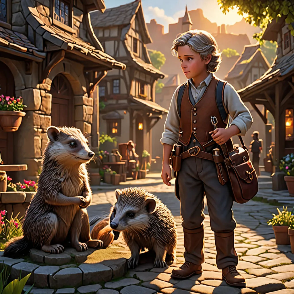 a boy standing next to a hedgehog and a hedgehog sitting on a stone walkway in front of a village, furry art, a storybook illustration, Chris LaBrooy, promotional image