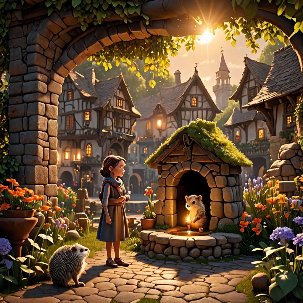 a girl standing in front of a small fire place with a hedgehog and a hedgehog house in the background, fantasy art, a storybook illustration, Evgeny Lushpin, kinkade